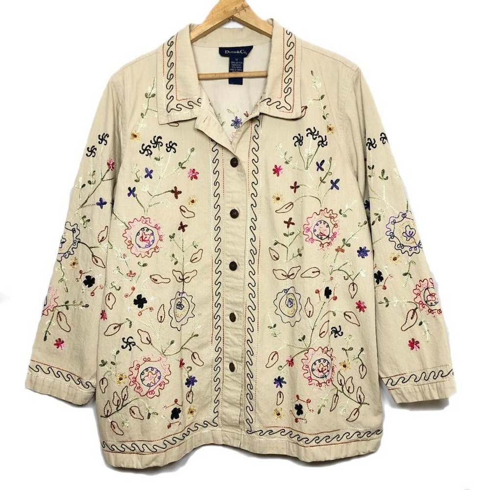 Vintage Denim & Co Floral Embroidered Tan Button Up Oversized Jacket 1X